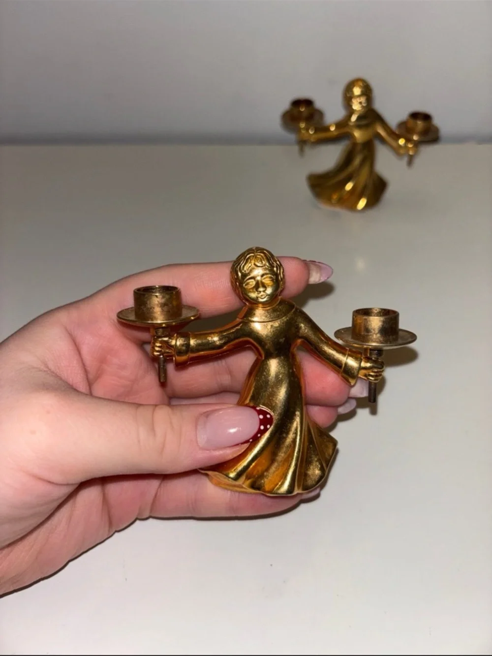Brass Dancing Angel Double Candle Holder Pair